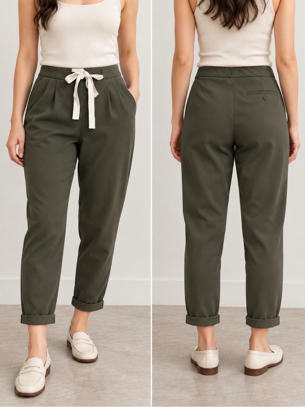 Aritzia Wilfred Olive Green Tie Waist Tapered Cropped Pants Size 8